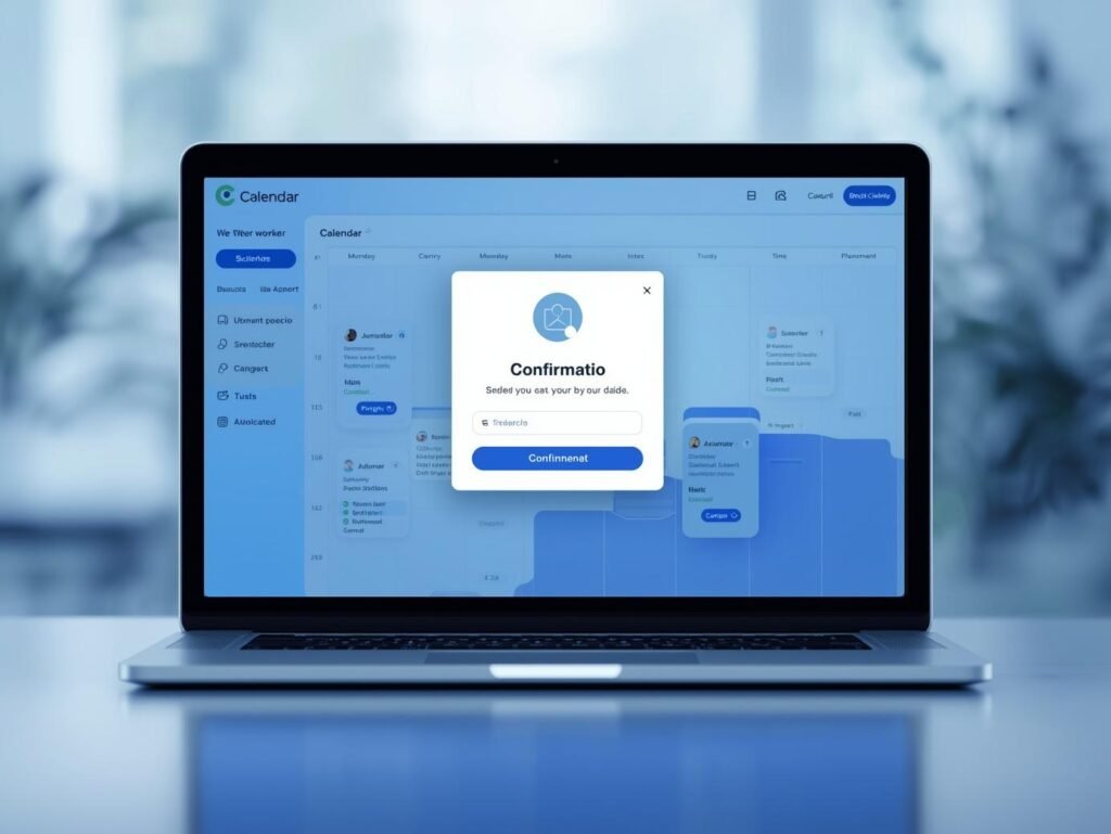 Calendar auto booking interface on laptop confirmation pop up blue tones