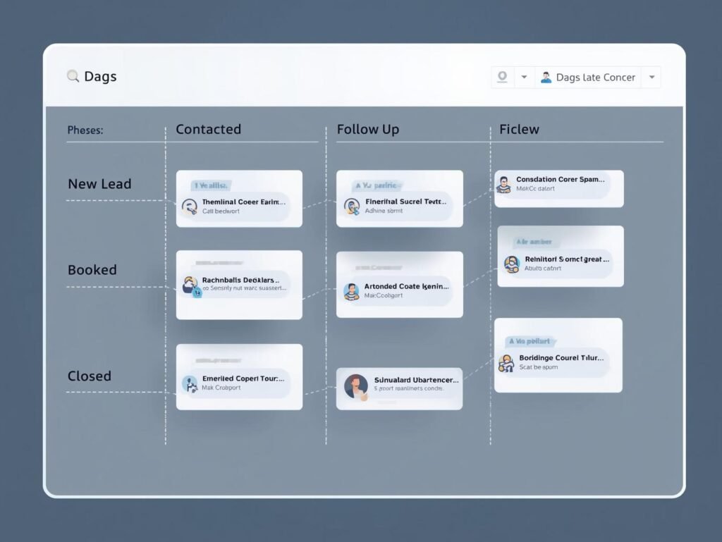 Kanban style CRM board with columns New Lead Contacted Follow Up Booked Closed. 1