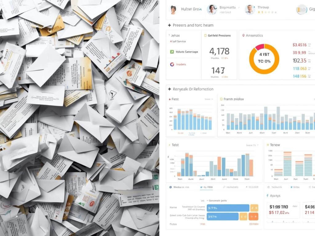 Split image chaotic inbox on left clean dashboard on right